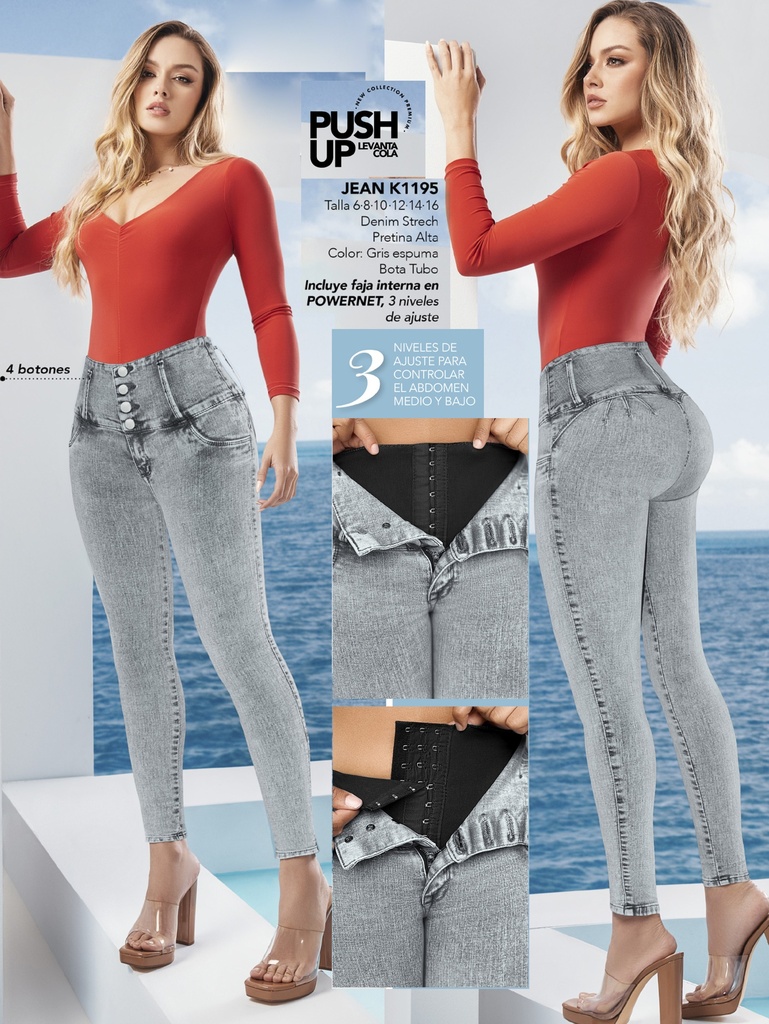 [2711195K03] Jeans Levantacola Skinny Gris Claro Efecto Ácido con Faja Interna