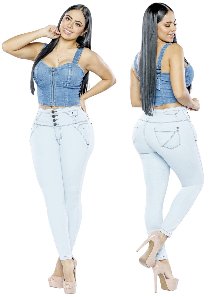 [2769010503] Jeans Levantacola Skinny Azul Hielo de Tiro Alto con Tres Botones