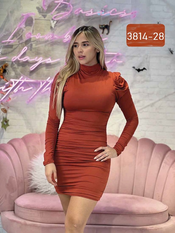 [3503814-28U] Vestido Ajustado Cuello Alto Manga Larga Terracota para Mujer 3814-26
