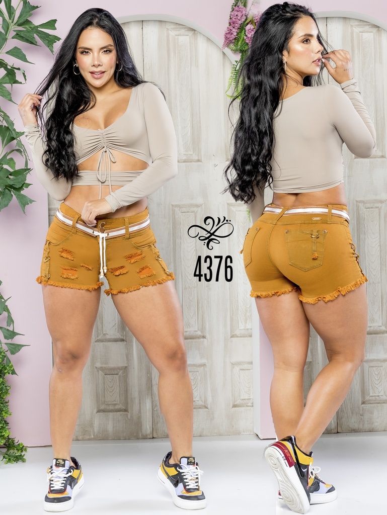 [267437605] Women's Warm Mustard Embroidered-Pocket Butt-Lifting Shorts
