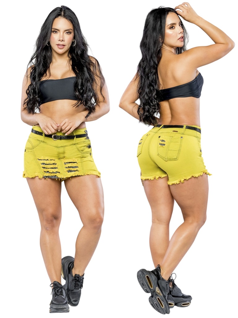[267440207] Falda Short Levantacola de Jean Amarillo Lima Desgastada