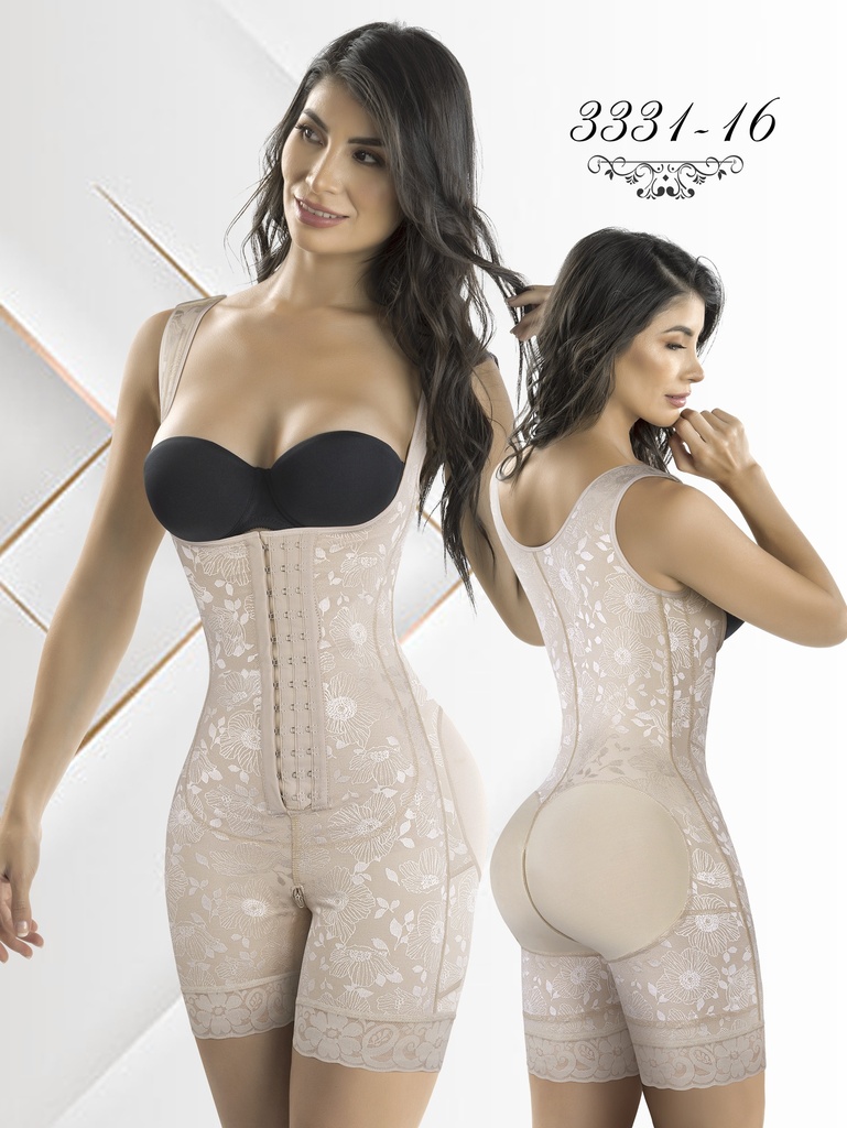 Women's Beige Colombian Powernet Lace Knee-Length Faja with Straps – Thaxx Style 3331 II