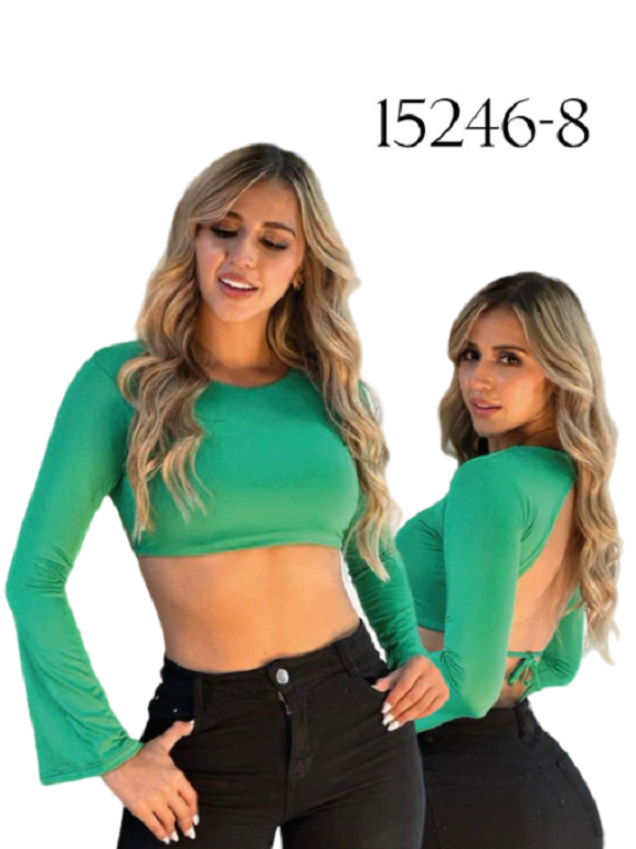 [350152468] Crop Top Manga Larga Espalda Abierta Verde para Mujer 15246-8