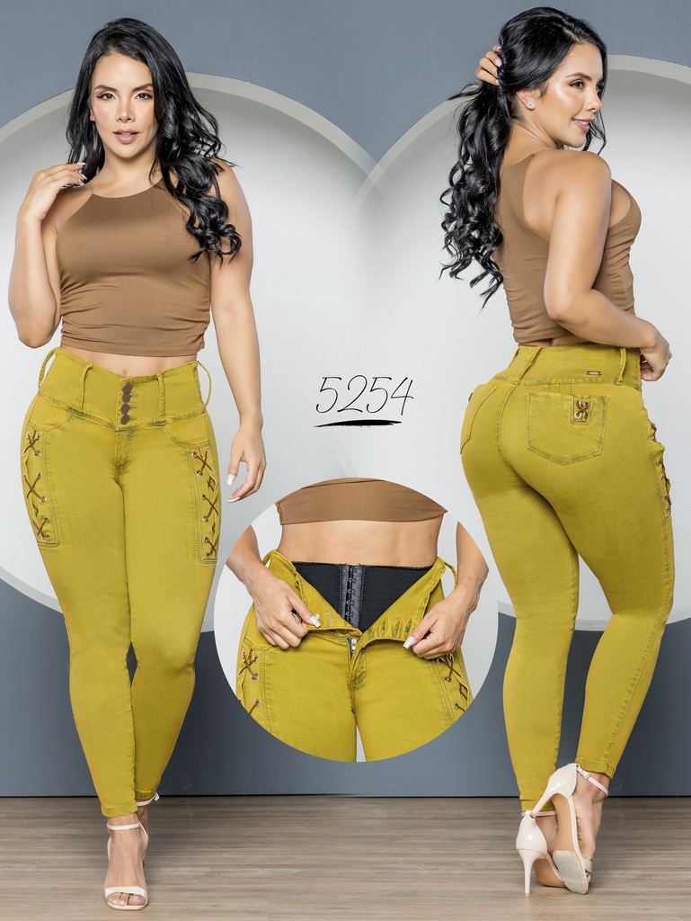 Jeans Levantacola Skinny Mostaza Caqui con Faja Interna