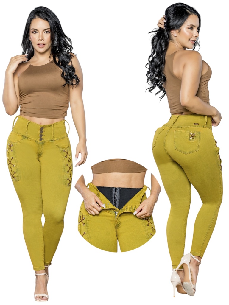 [2675254S05] Women's Khaki Mustard Butt-Lifting Skinny Jeans with Built-In Girdle