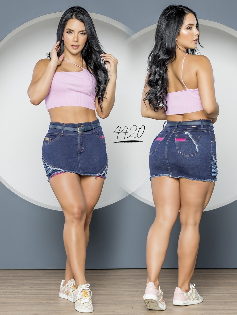 [267442005] Women's Dark Wash Denim with Pocket Embroidery Butt-Lifting Mini Skirt