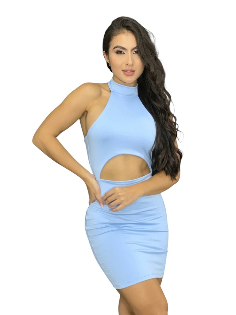 [276106212U] Women's Baby Blue Halter Cut-Out Bodycon Mini Dress