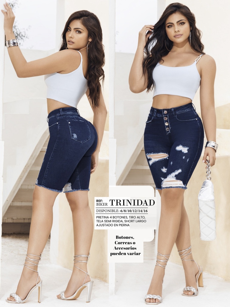 [289TRINIDAD01] Women's Dark Wash Ripped-Knee Butt-Lifting Knee-Length Denim Pants