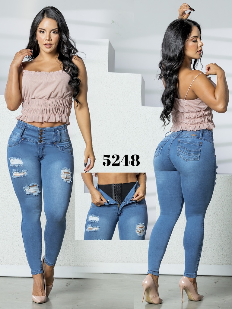 Jeans Levantacola Skinny Azul Medio Rasgados con Faja Interna