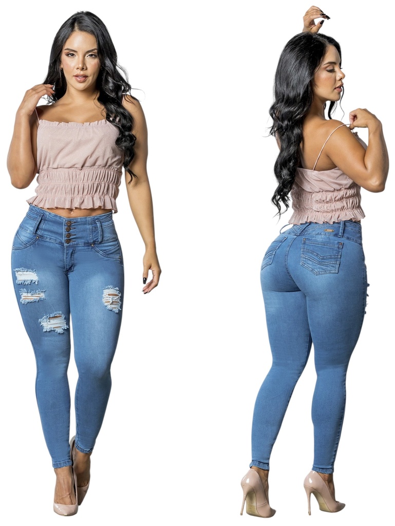 [2675248S01] Women's Medium Wash Ripped Butt-Lifting Skinny Jeans with Built-In Girdle