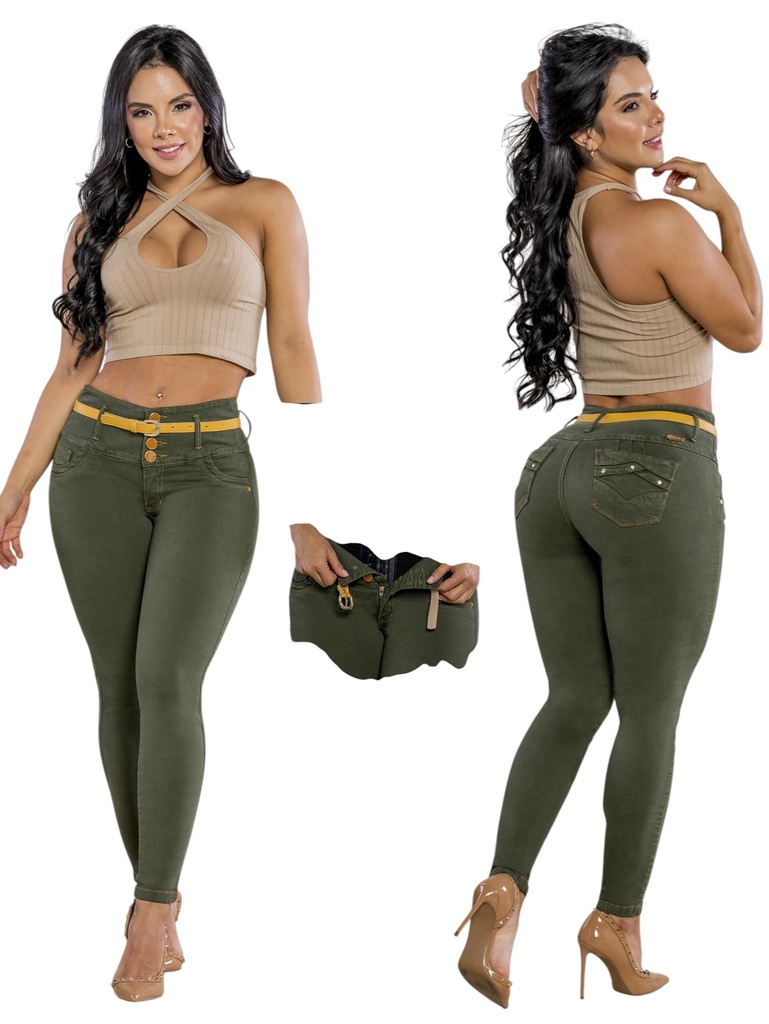 [2675267S05] Jeans Levantacola Skinny Verde Oliva con Faja Interna