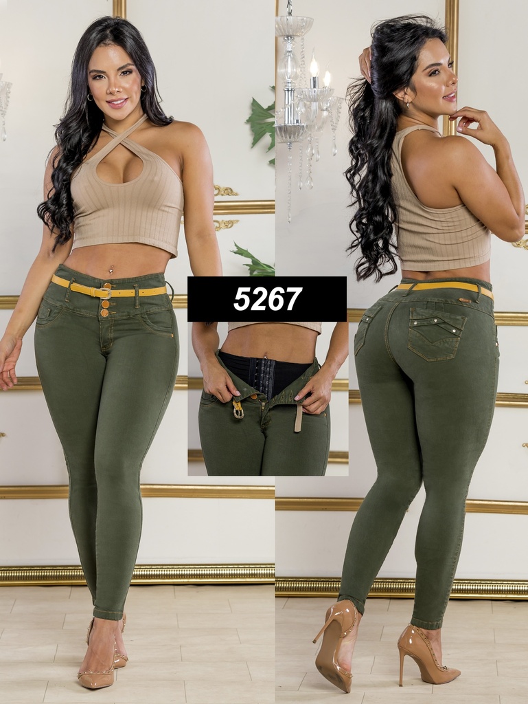 Jeans Levantacola Skinny Verde Oliva con Faja Interna