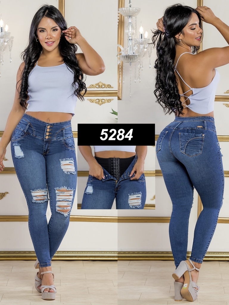 [2675284S05] Jeans Levantacola Skinny Azul Medio Desgastados con Faja Interna