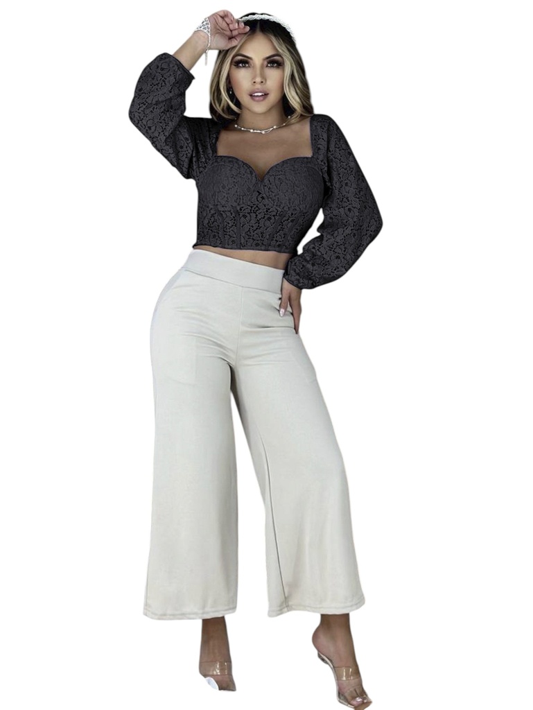 [3540732L/XL] Blusa Corta Negra de Encaje con Mangas Abullonadas
