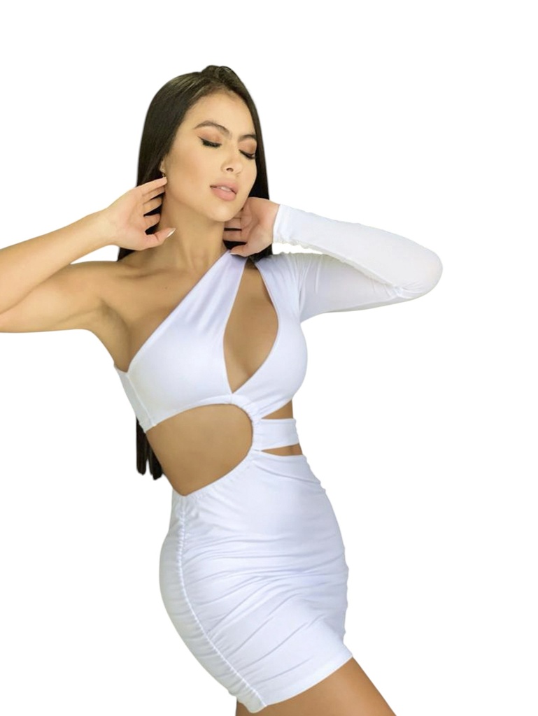 [27610791] Women's White One-Sleeve Cut-Out Ruched Bodycon Mini Dress