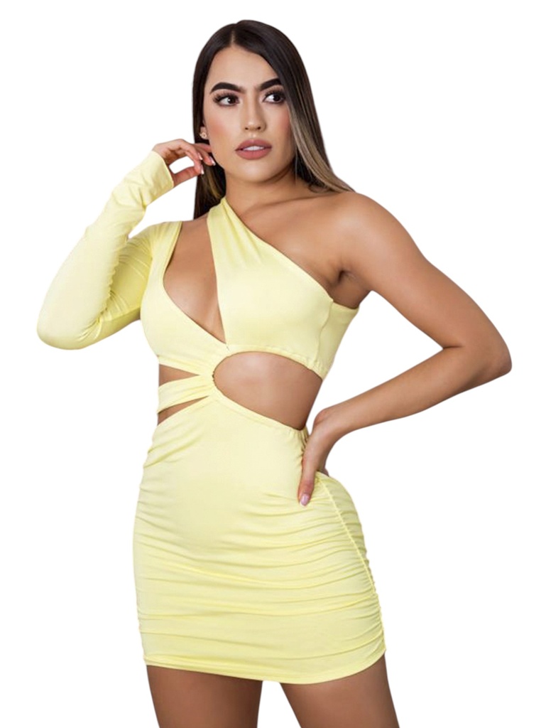 [276107915] Vestido Corto Ajustado Amarillo de una Manga con Abertura y Fruncido
