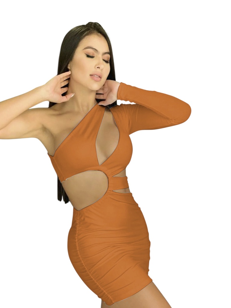 [27610796] Vestido Corto Ajustado Naranja de una Manga con Abertura y Fruncido