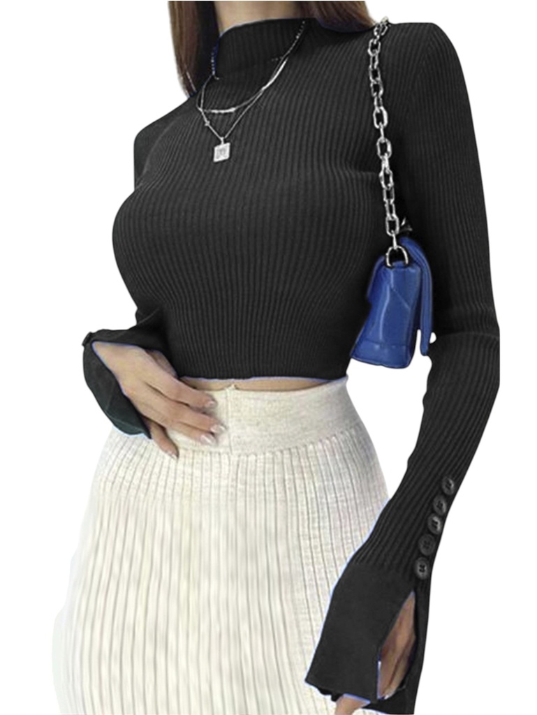 [3540782] Suéter Corto Negro Cuello Tortuga Acanalado con Botones en los Puños para Mujer – Estilo 073-2