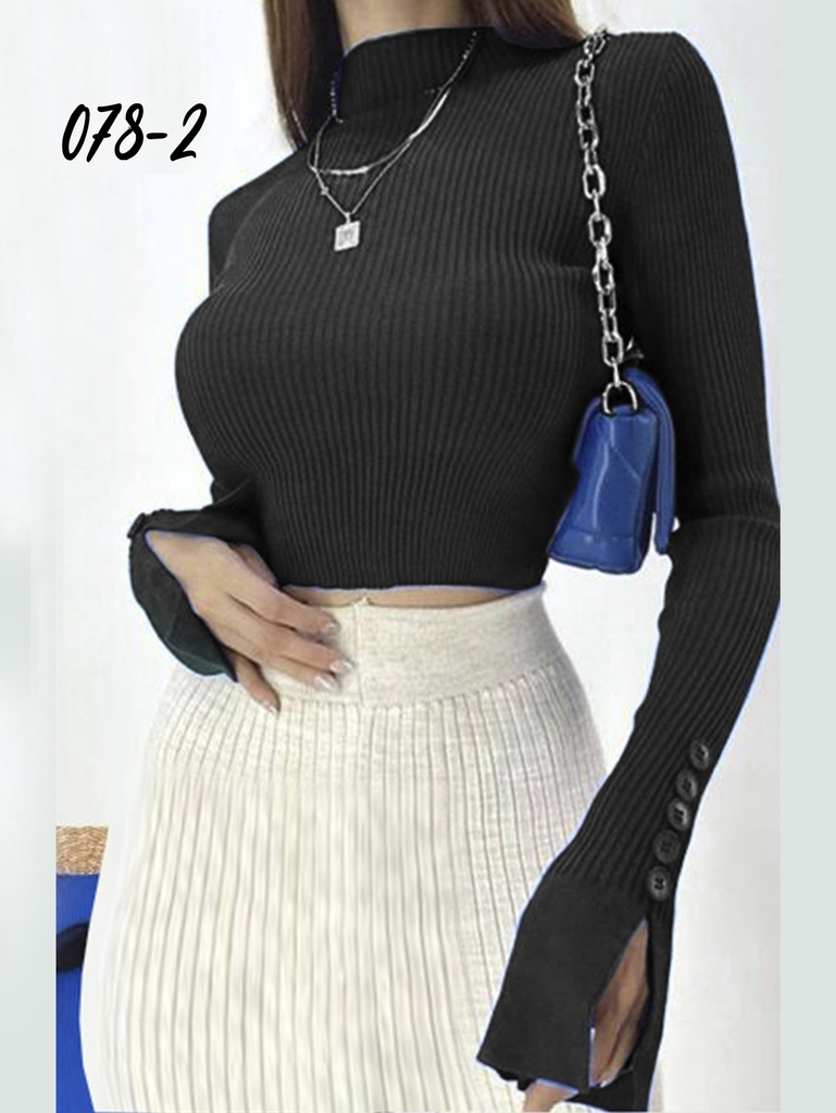 [3540782] Women's Black Ribbed Turtleneck Cropped Sweater with Button Cuffs – Style 073-2