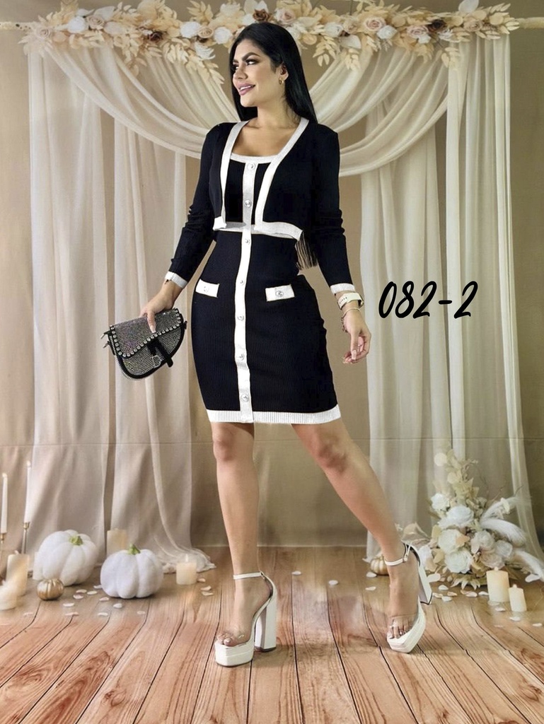 [3540822] Women's Black Knit Mini Dress with White Trim and Faux Pockets