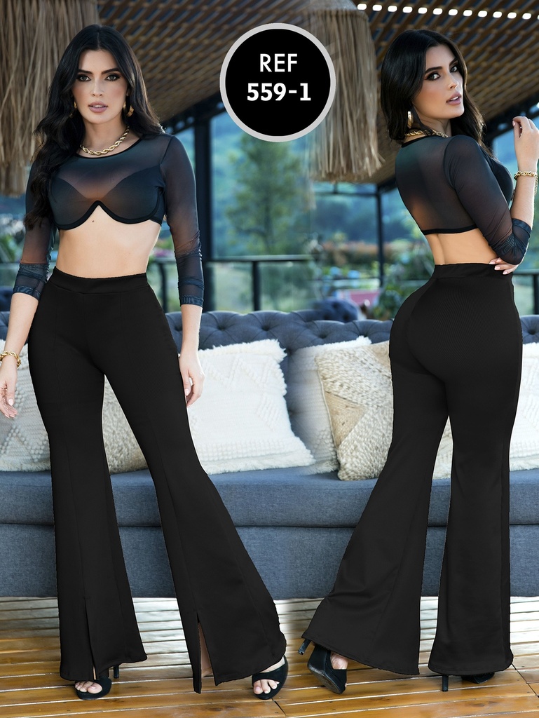 Pantalón Campana Negro Tiro Alto con Pretina Ancha para Mujer – Estilo 559-1