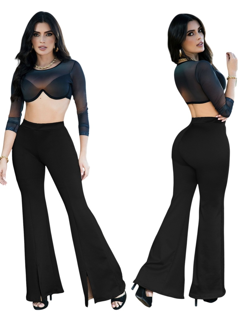 [1075591L] Women's Black High-Waisted Flare Pants with Wide Waistband – Style 559-1