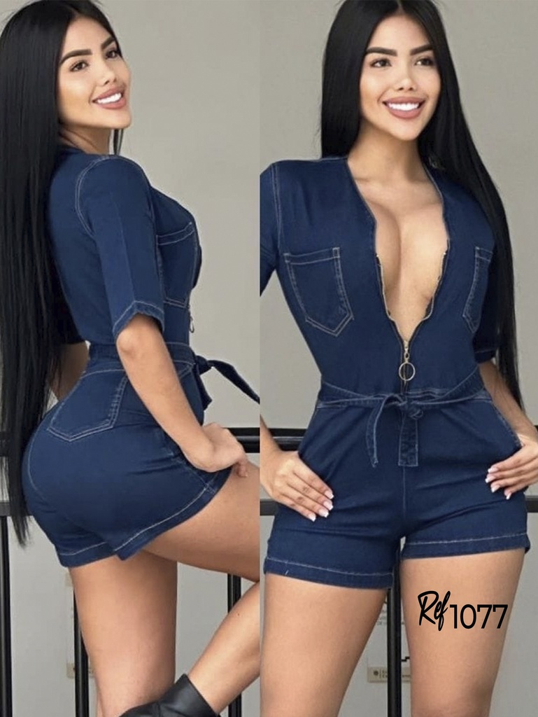 [357107709] Enterizo Corto de Jean Azul Oscuro con Cremallera Frontal, Escote Profundo y Cinturón