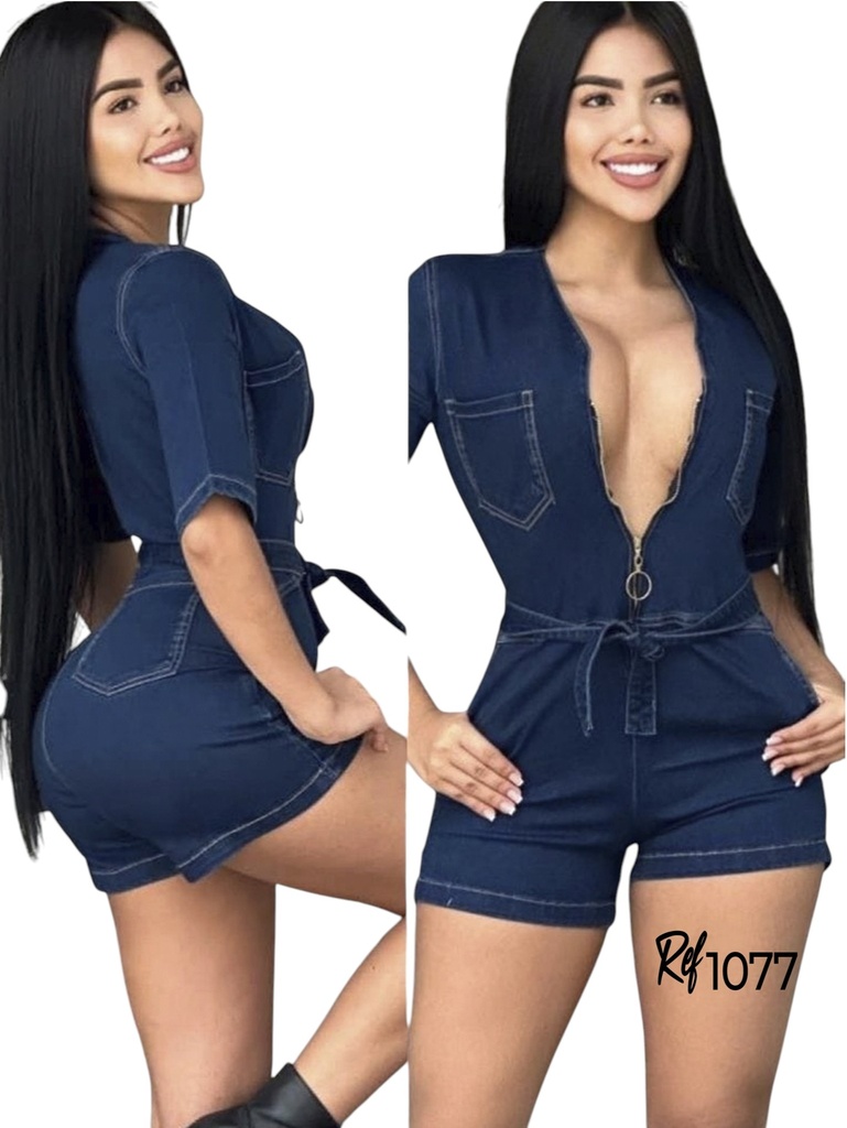 [357107709] Women's Dark Blue Denim Plunge Zip-Front Romper with Belt