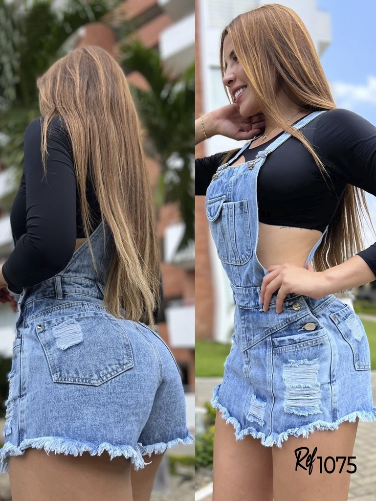 [357107505] Overol Corto de Jean Azul Claro Desgastado con Bota Deshilachada