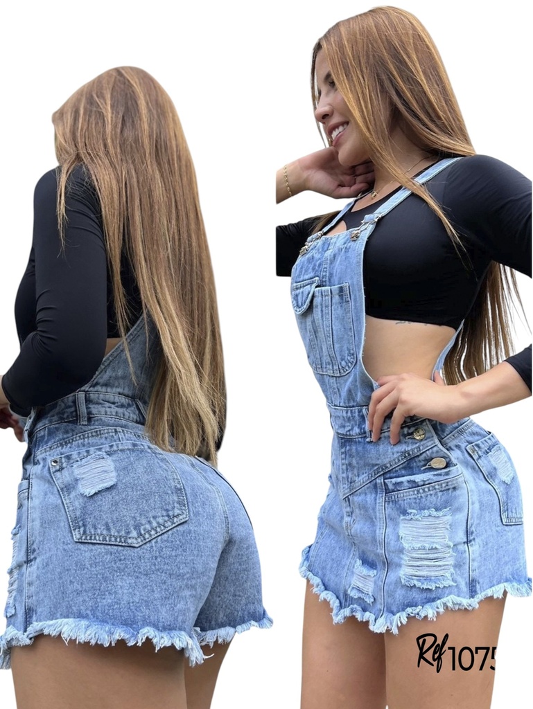 [357107505] Women's Light Wash Distressed Short Denim Overalls with Frayed Hem