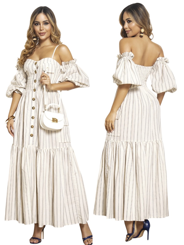 [3741083L] Women's Antique White Striped Boho Maxi Dress with Off-the-Shoulder Ruffled Skirt