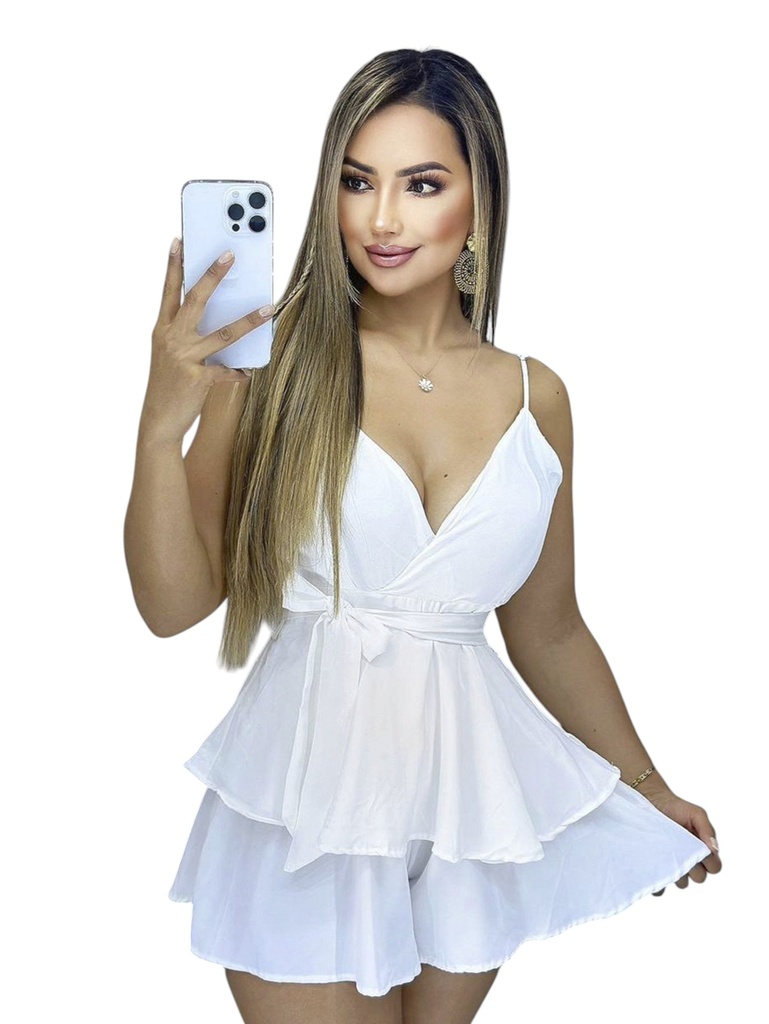 [3541411L/XL] Women's White Tiered Ruffle Mini Dress with Plunging V-Neck