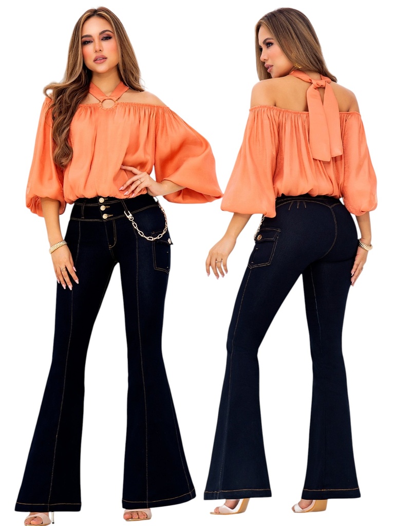 [374111601] Jeans Levantacola Campana Negros de Tiro Alto