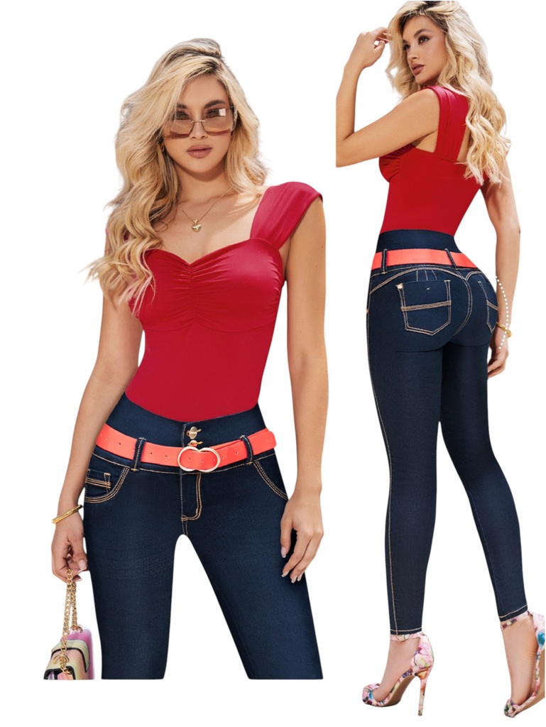 [2713054K05] Jeans Levantacola Skinny Azul Marino Oscuro de Tiro Alto con Costuras Blancas