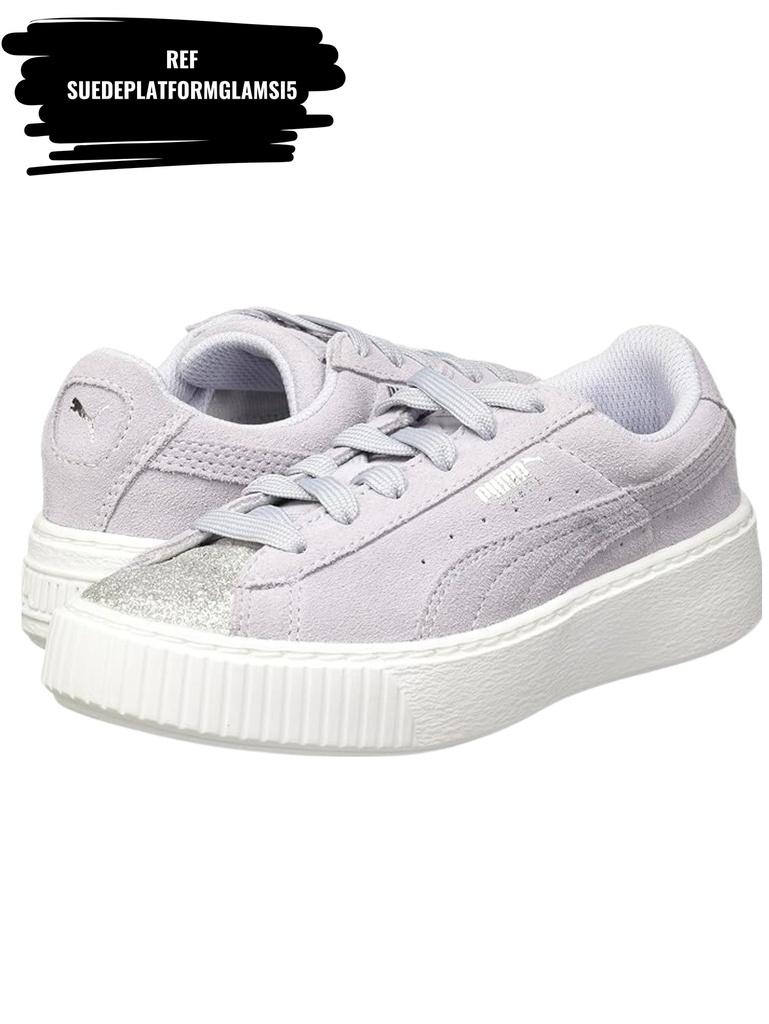 [263SuedePlatformGlamSI5-5.5] Tenis Plataforma de Gamuza Gris con Punta Plateada para Mujer