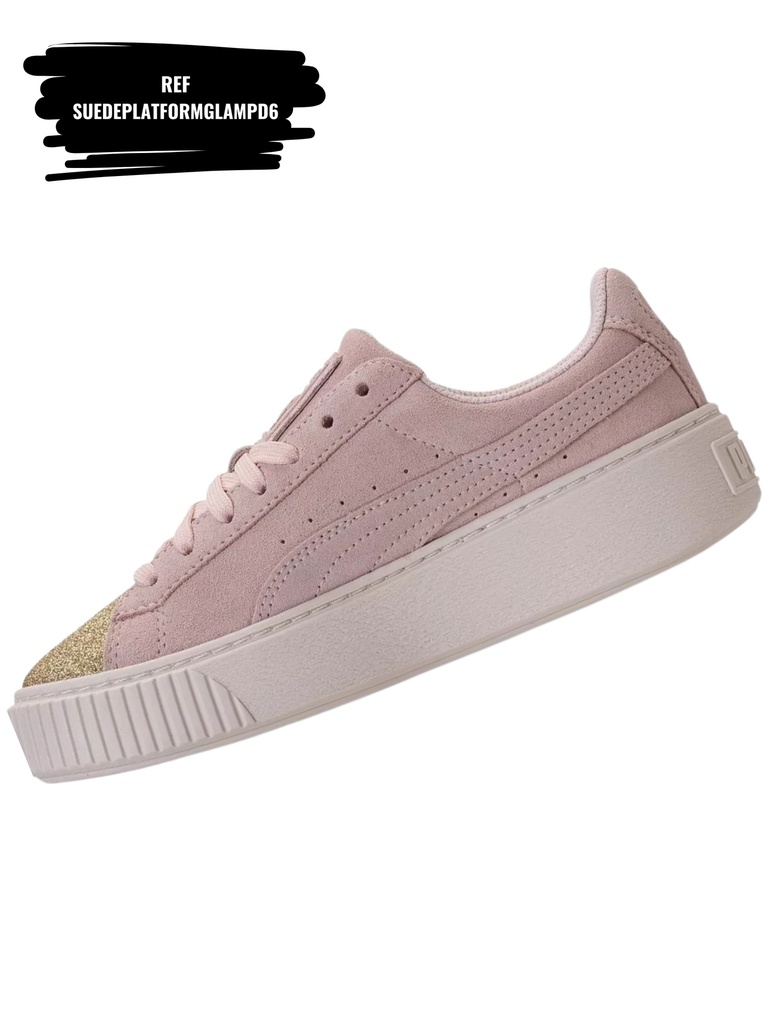 [263SUEDEPLATFORMGLAMPD6-5.5] Tenis Plataforma de Gamuza Rosados con Punta Dorada para Mujer