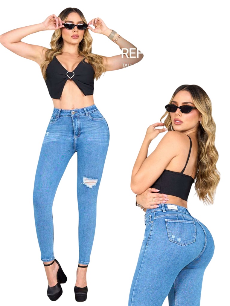 [29081807] Jeans Skinny Levantacola Lavado Claro Rasgados Tiro Alto para Mujer