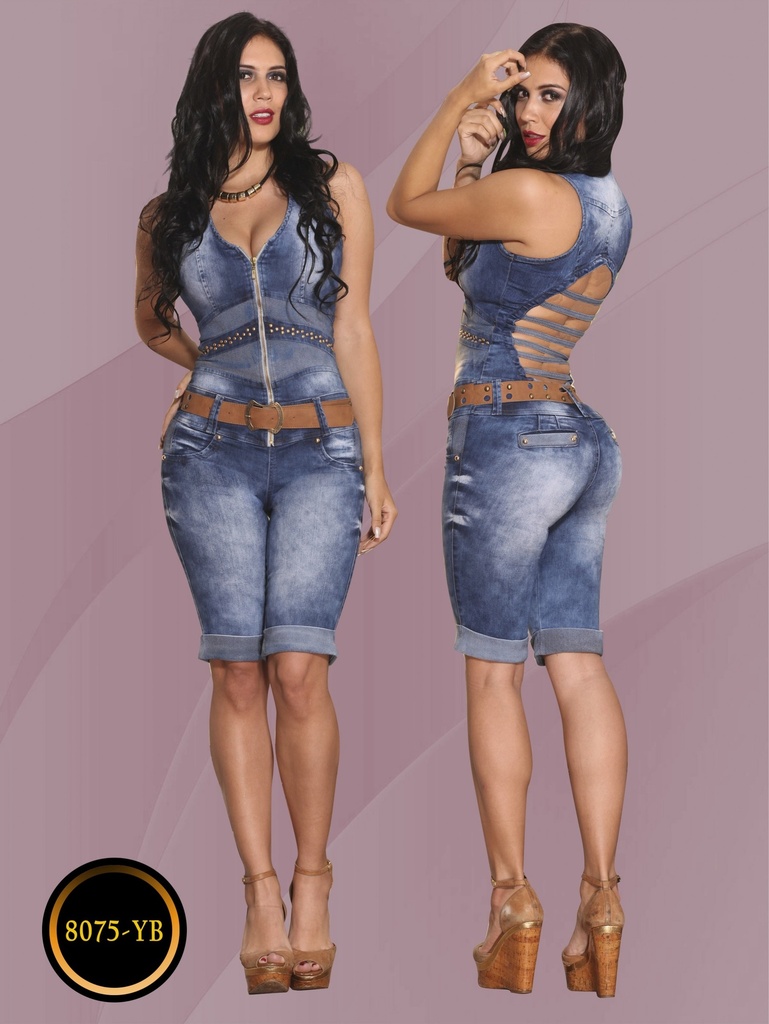 [113807501] Women's Dark Denim Sleeveless Bermuda Romper Jumpsuit 8975-YB