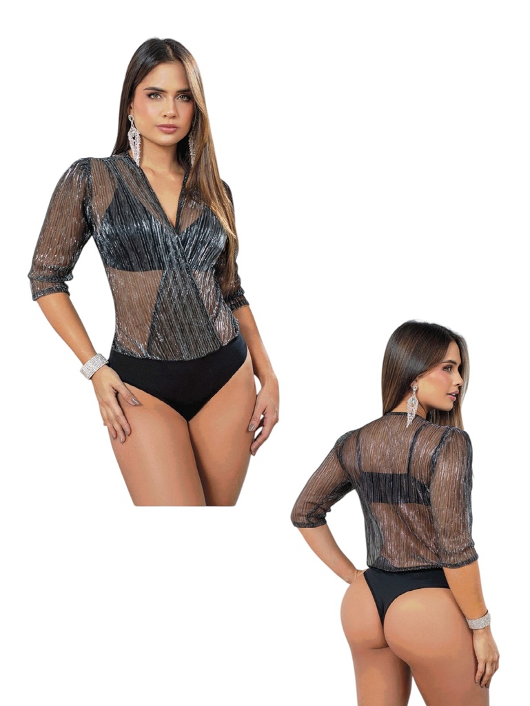 [351A540L] Body Negro de Malla Transparente con Manga Larga