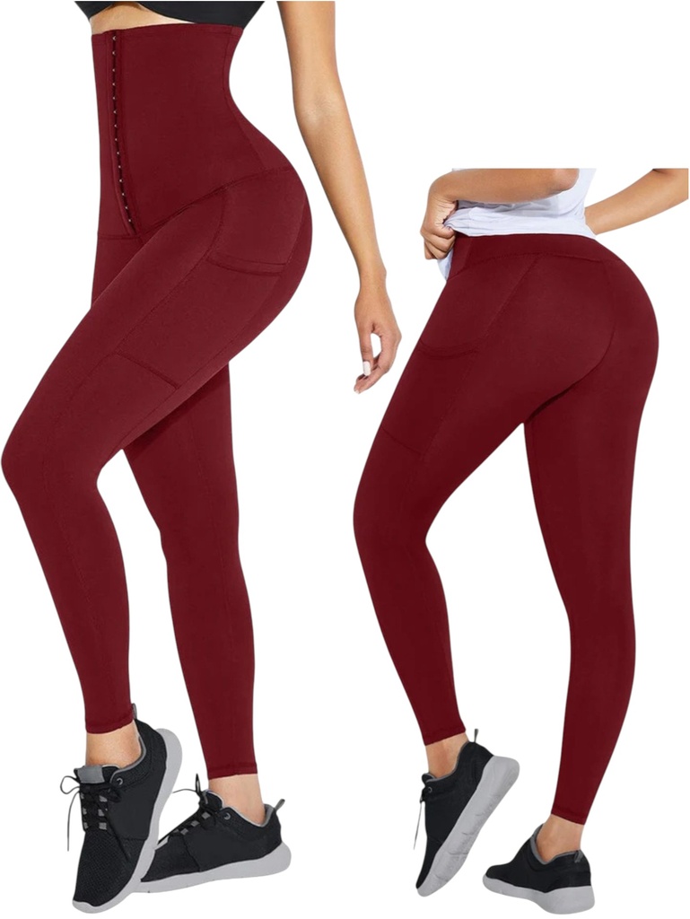 [386200429RS] Leggins Deportivos Vinotinto Moldeadores de Tiro Alto con Cierre de Ganchos
