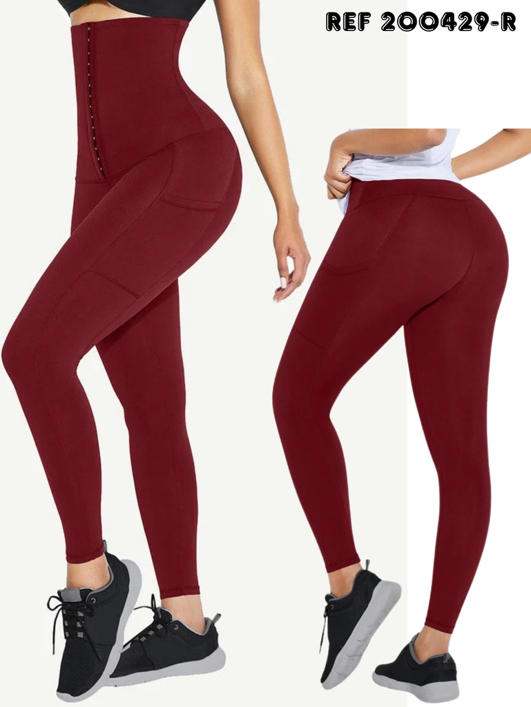 Leggins Deportivos Vinotinto Moldeadores de Tiro Alto con Cierre de Ganchos