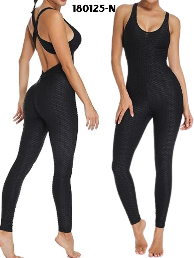 [386180125NS] Women's Black Textured Activewear Open-Back Jumpsuit 180125-N