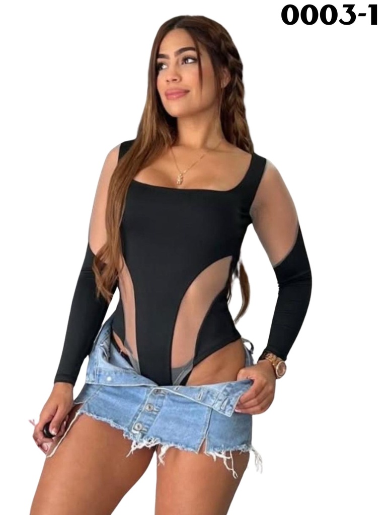 Colombian Cutout Mesh Bodysuit – Long Sleeve, Black