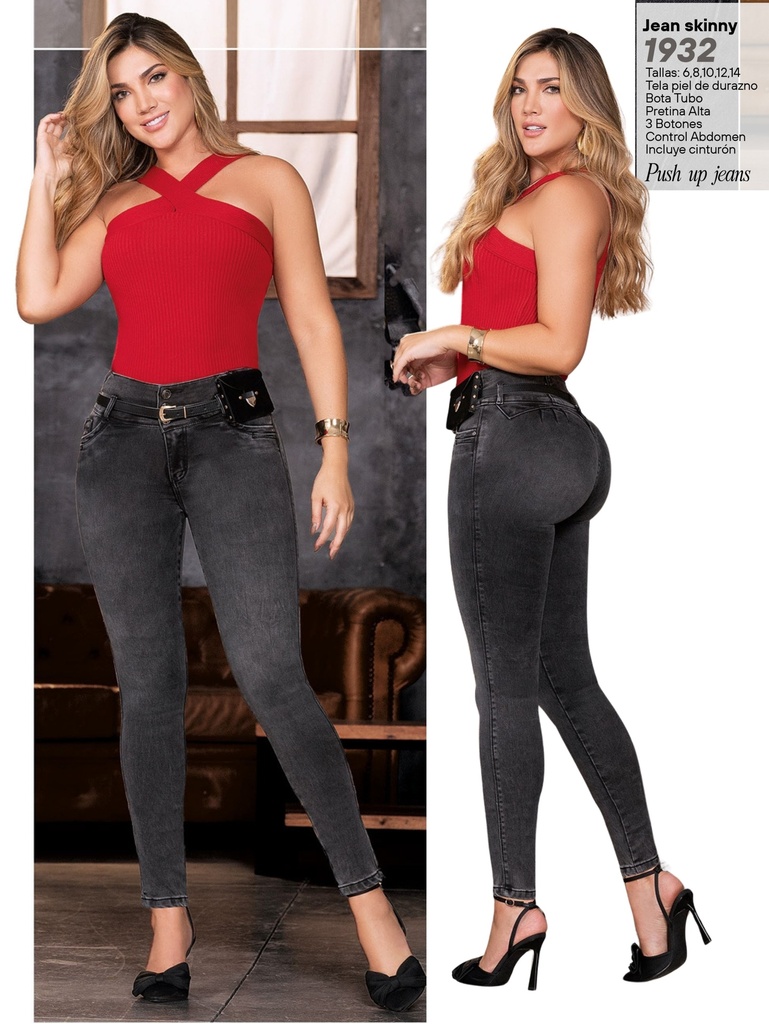 Jeans Skinny Levantacola Negro Desteñido para Mujer 1922
