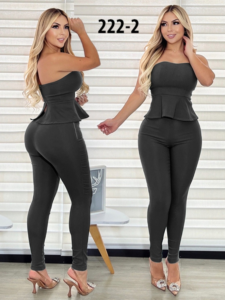 [3772222S] Conjunto de 2 Piezas Top Peplum y Leggings Gris Oscuro para Mujer 222-2