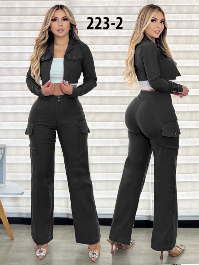[3772232M/L] Conjunto de 2 Piezas Chaqueta y Pantalón Cargo Negro para Mujer 223-2