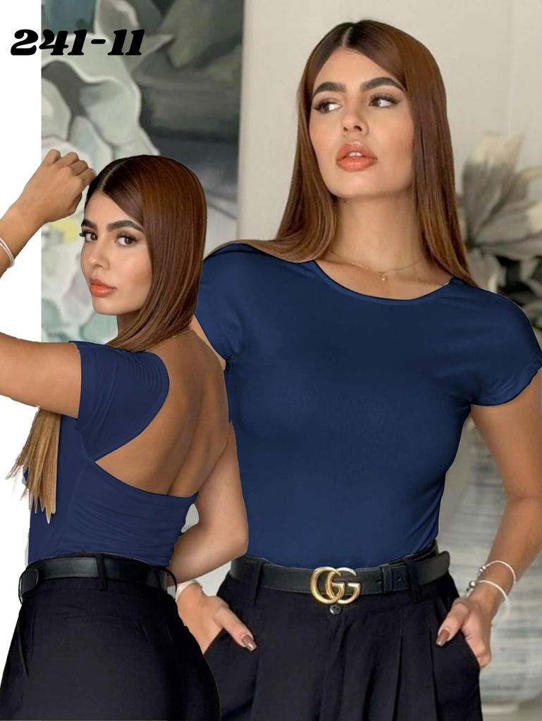 Colombian Open Back Bodysuit – Short Sleeve, Navy Blue