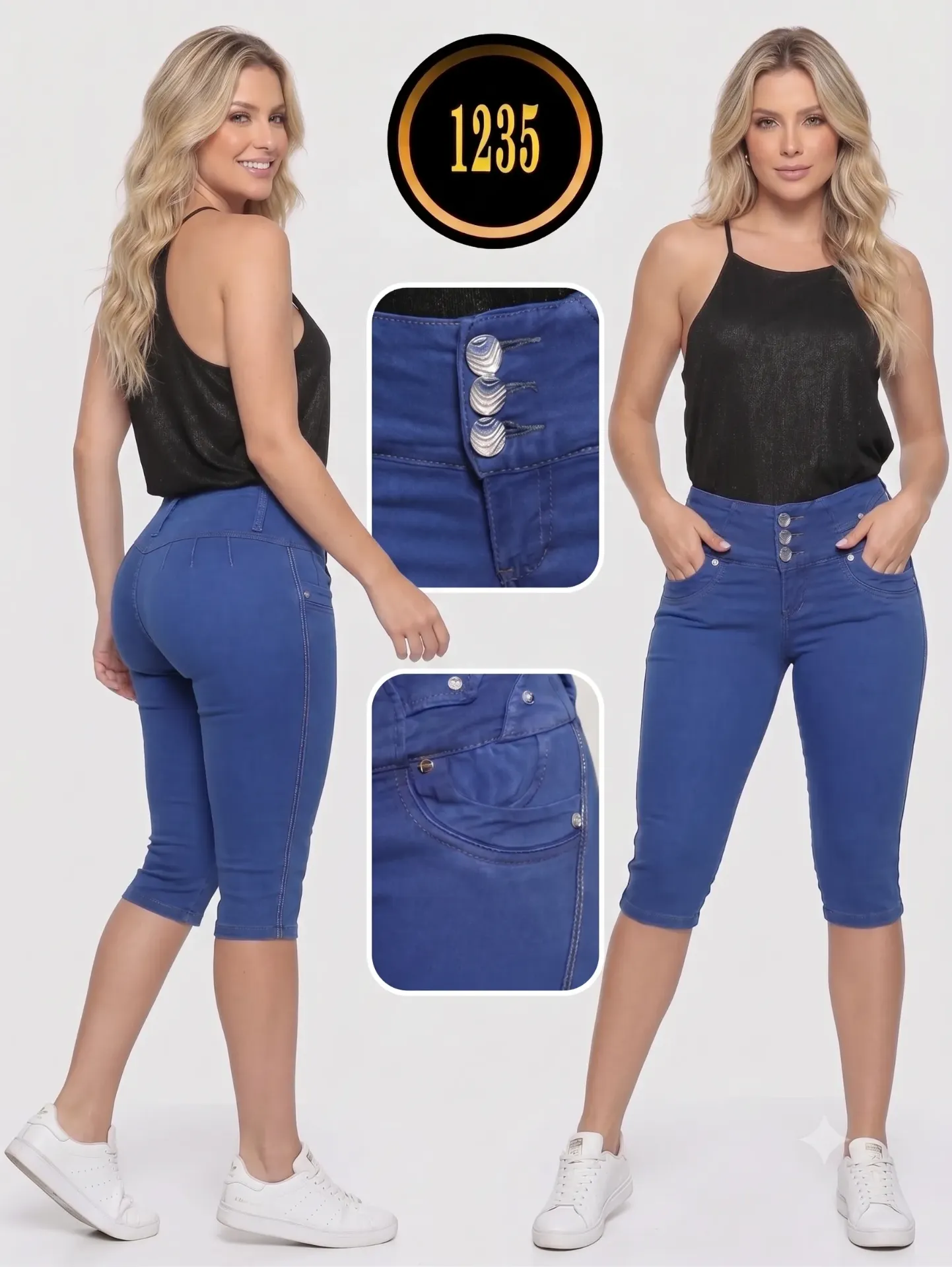 Women's Cobalt Blue Butt-Lifting Capri Pants with Button Pockets – Thaxx Boutique