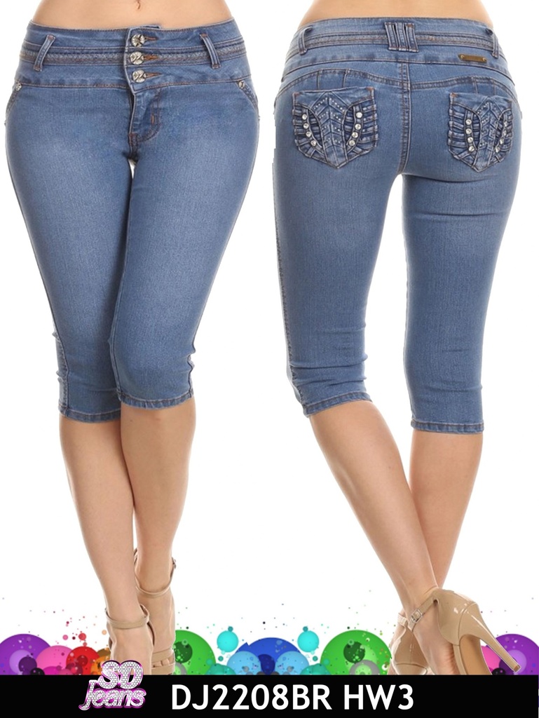 Women's Medium Blue Embellished Pockets Capri Jeans DJ2208
