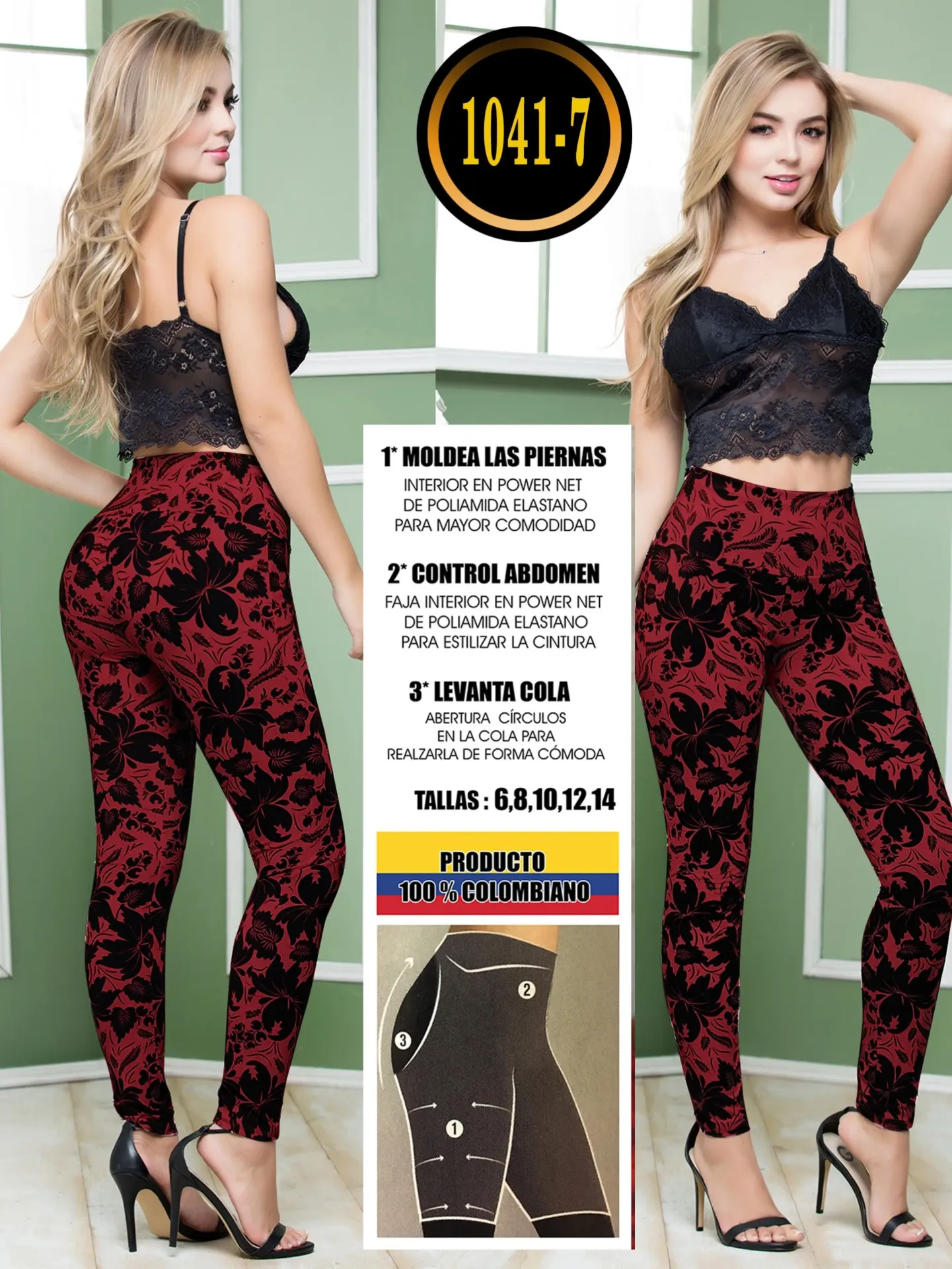 Women's Red and Black Floral Print High-Waisted Butt-Lifting Leggings
